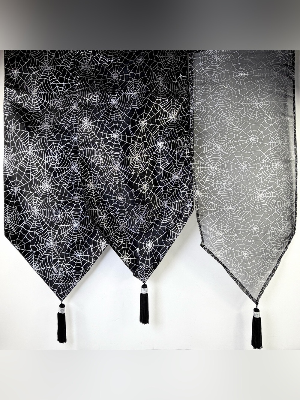 3 Halloween Spider Web Table Runners 70x13 Beaded Tassels Black Lot Decor Set